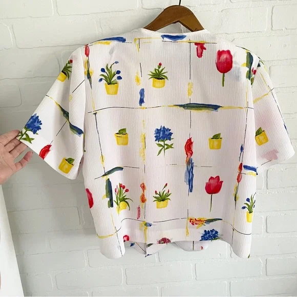 Vintage 90s Novelty Floral Grid Blouse Art Teacher Aesthetic Sz 10P - Picture 9 of 12